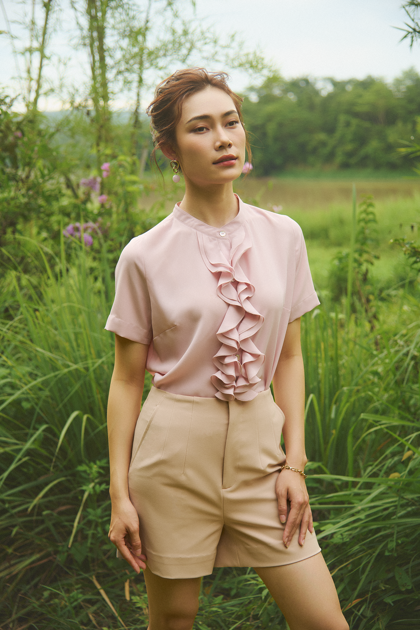 Áo sơ mi nữ tay ngắn phối bèo nhún pastel Thời trang Hity