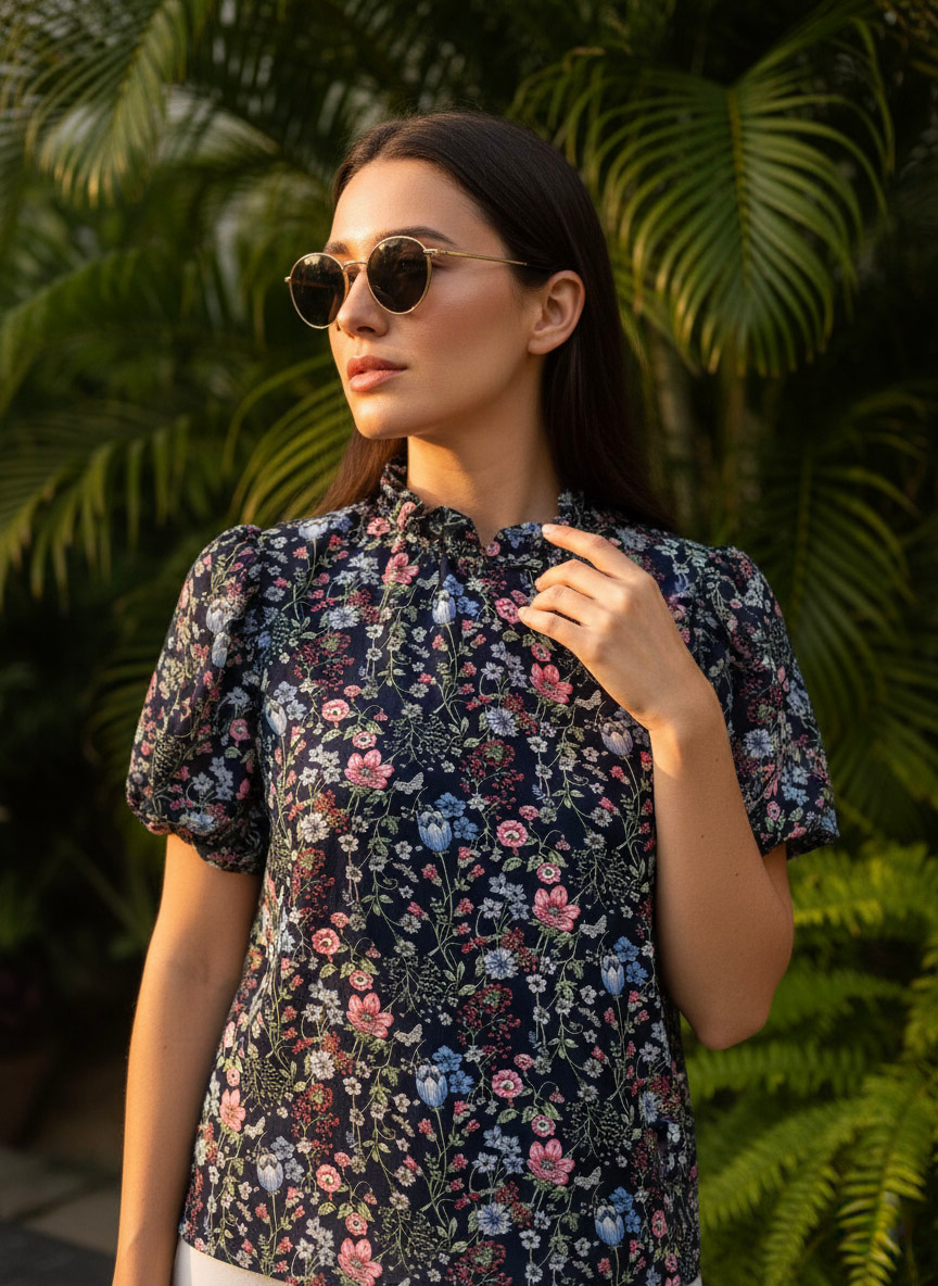 Áo kiểu tay phồng chiffon hoa nhí thời trang Hity