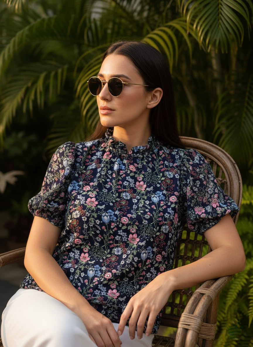 Áo kiểu tay phồng chiffon hoa nhí thời trang Hity