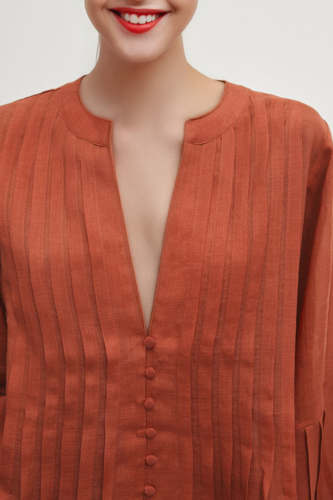 Áo kiểu xếp ly linen cam đất thời trang Hity