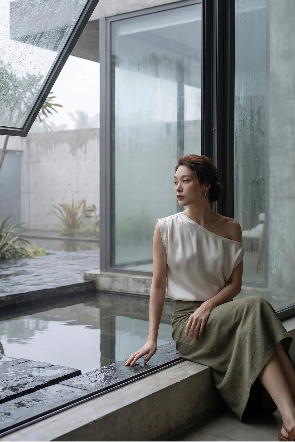 Áo lệch vai lụa lãnh màu kem chất liệu tự nhiên bền vững thời trang Hity