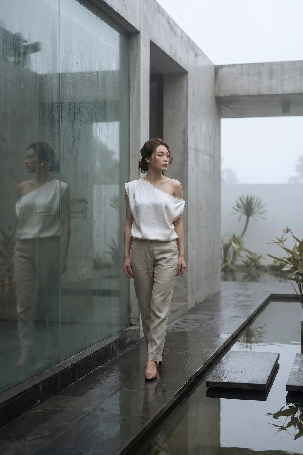 Áo lệch vai lụa lãnh màu kem chất liệu tự nhiên bền vững thời trang Hity