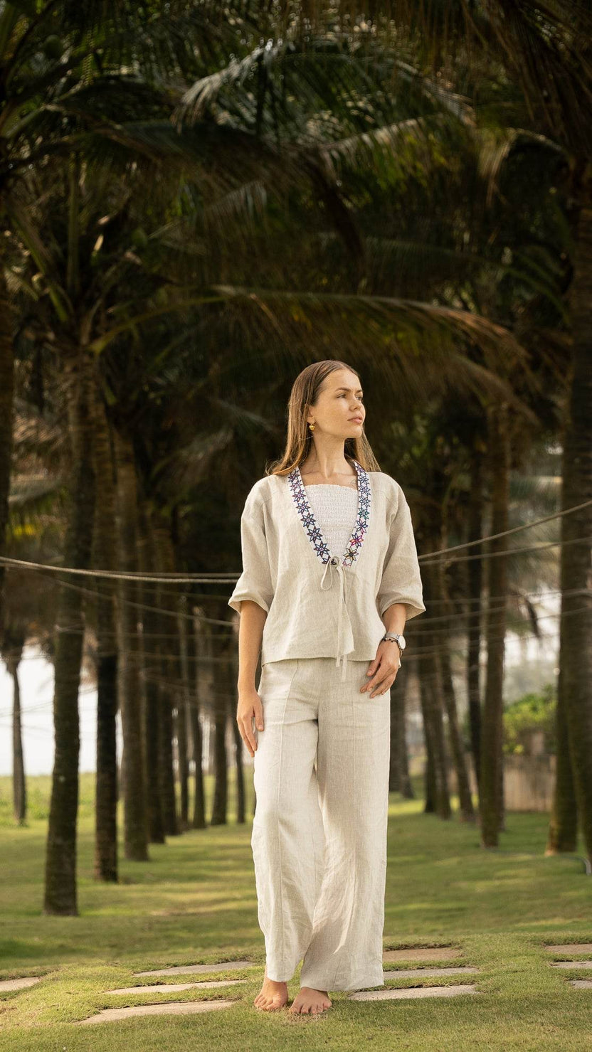 Áo Khoác Kimono Linen Phối Thổ Cẩm Lanh - Hity