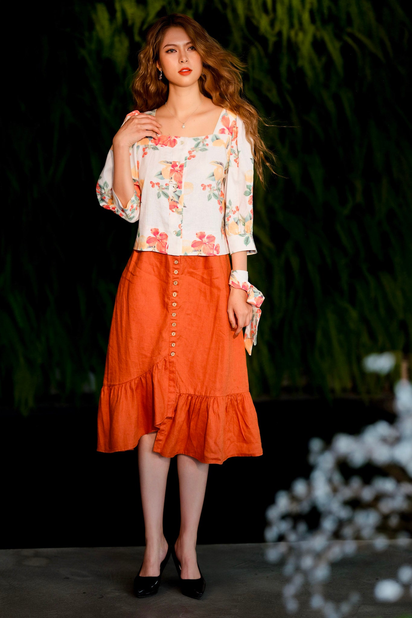 Áo croptop tay phồng linen hoạ tiết hoa thời trang Hity