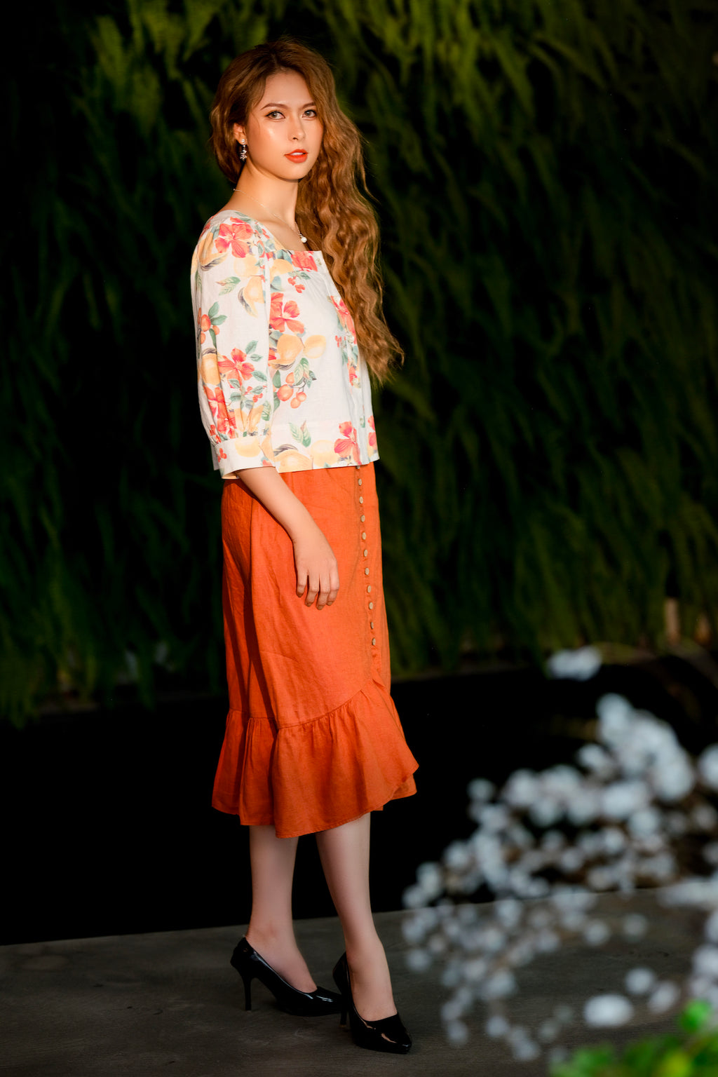 Áo croptop tay phồng linen hoạ tiết hoa thời trang Hity