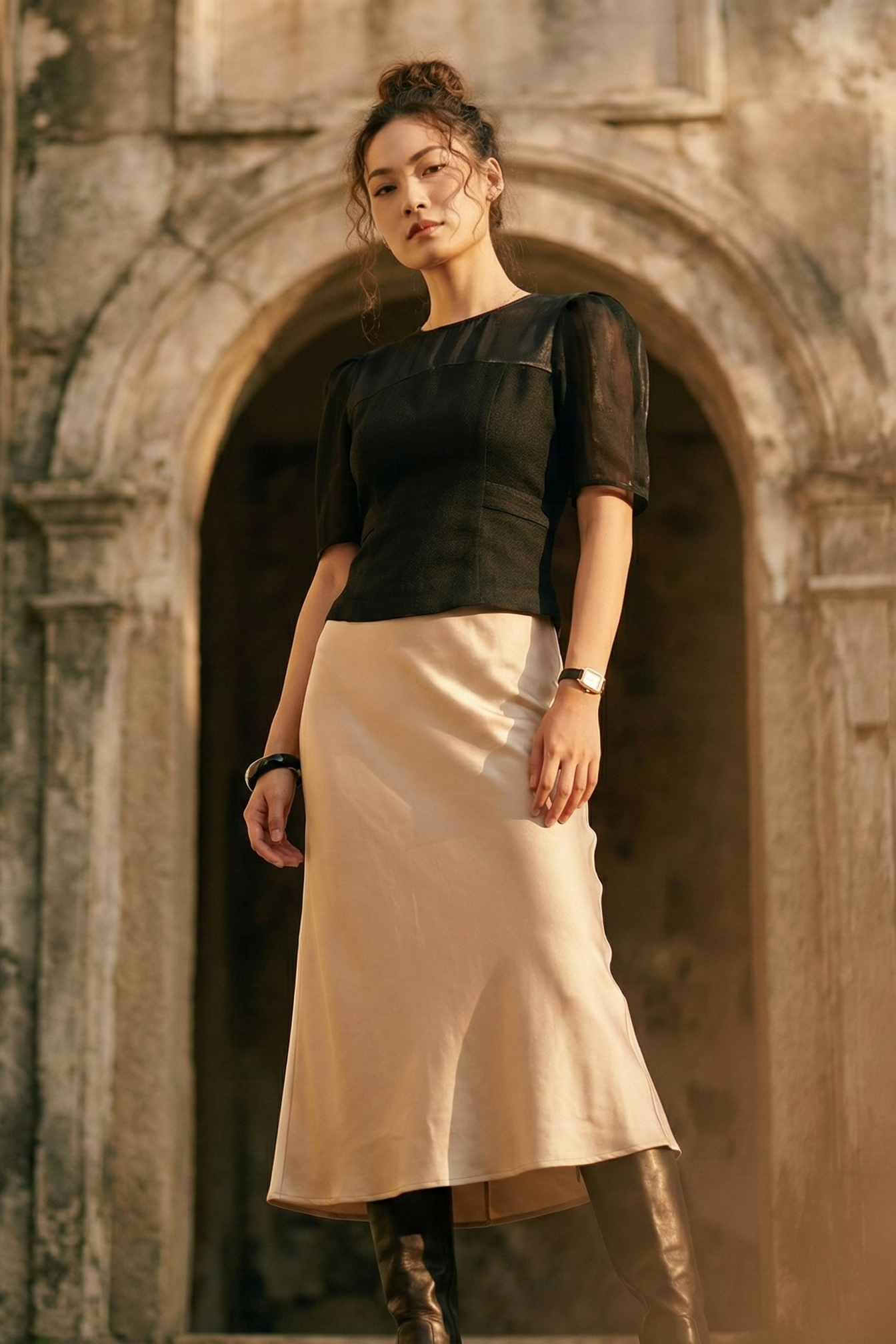 Áo ôm eo peplum tweed đen thời trang Hity