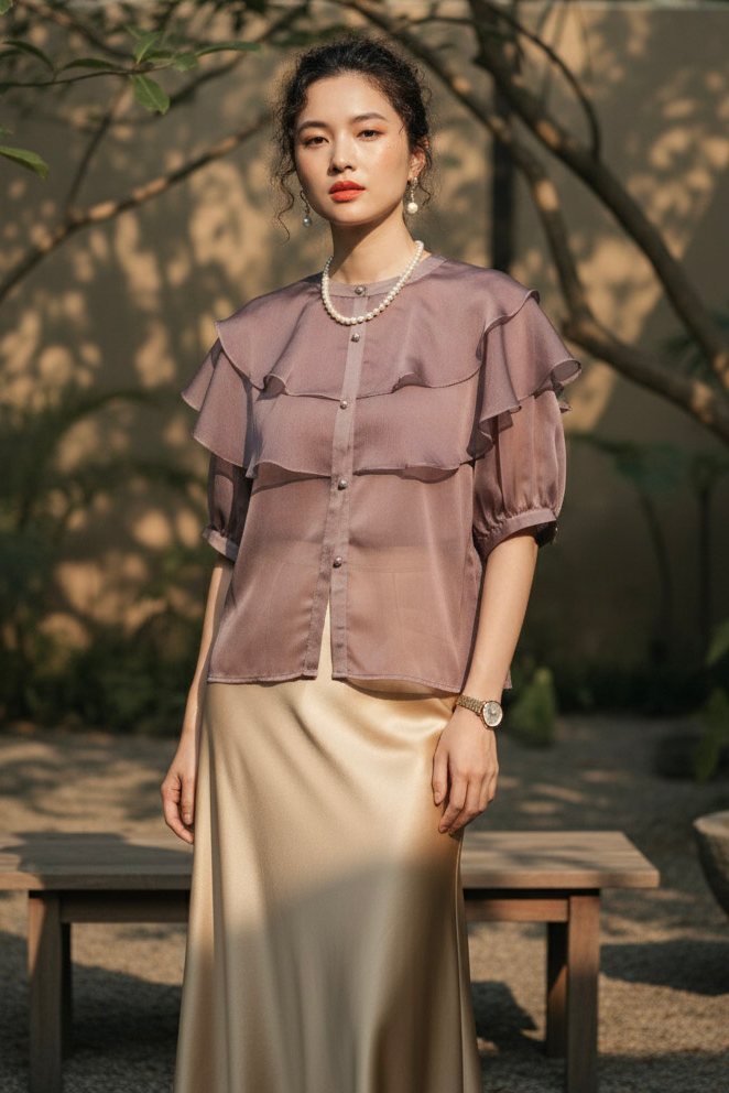 Áo organza tím khói tay phồng thời trang Hity