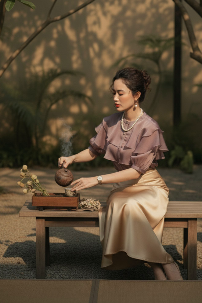 Áo organza tím khói tay phồng thời trang Hity