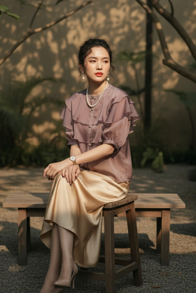 Áo organza tím khói tay phồng thời trang Hity