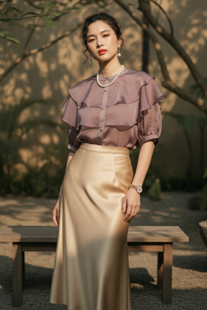 Áo organza tím khói tay phồng thời trang Hity