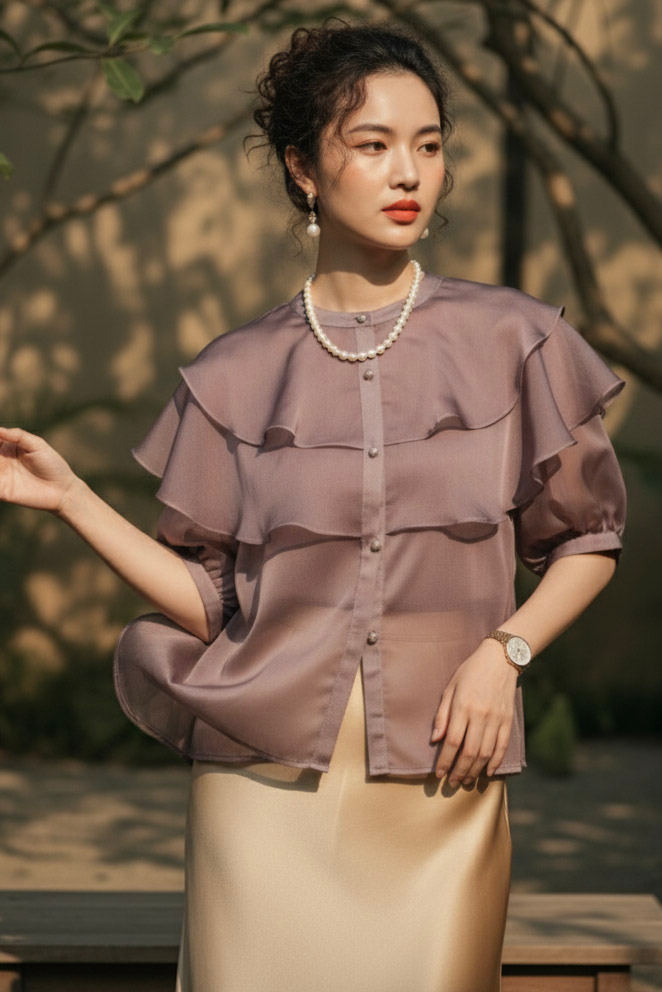 Áo organza tím khói tay phồng thời trang Hity