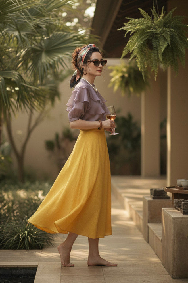 Chây váy midi linen vàng thời trang Hity