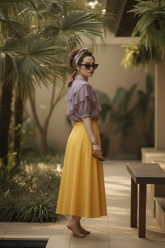 Chây váy midi linen vàng thời trang Hity