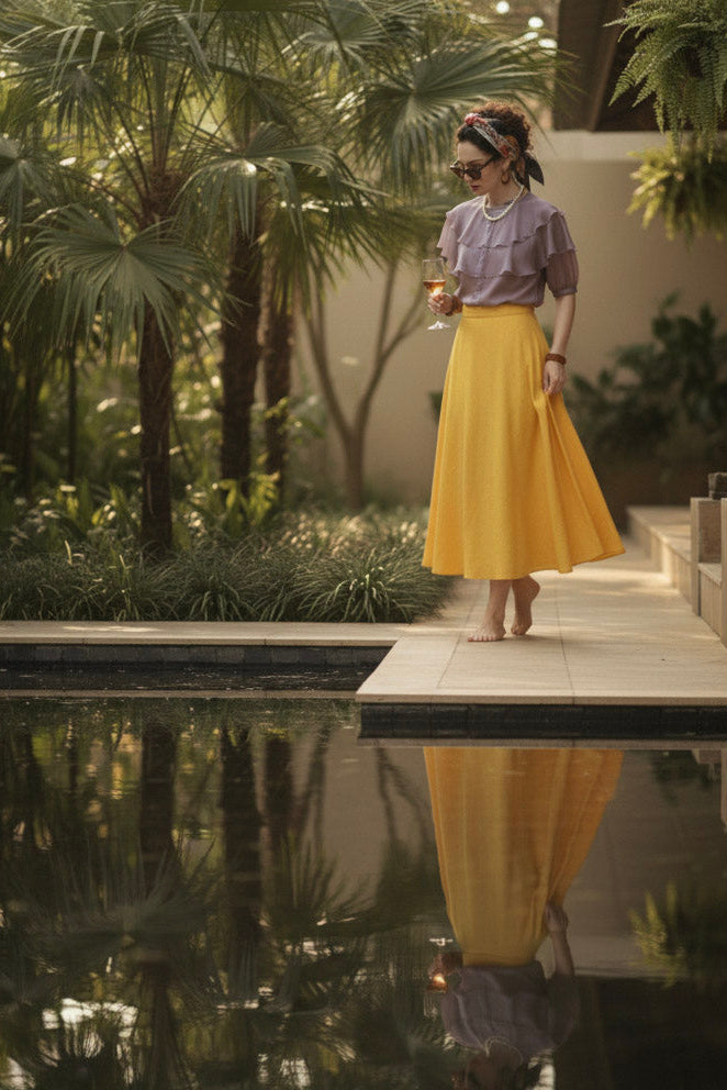 Chây váy midi linen vàng thời trang Hity