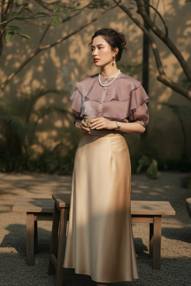 Áo organza tím khói tay phồng thời trang Hity