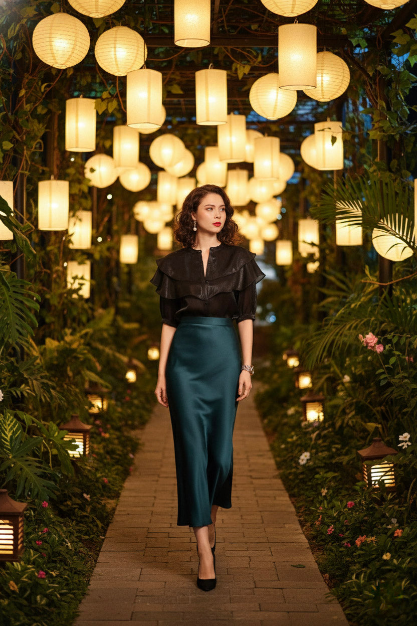 Áo tay phồng xuyên thấu organza đen thời trang Hity