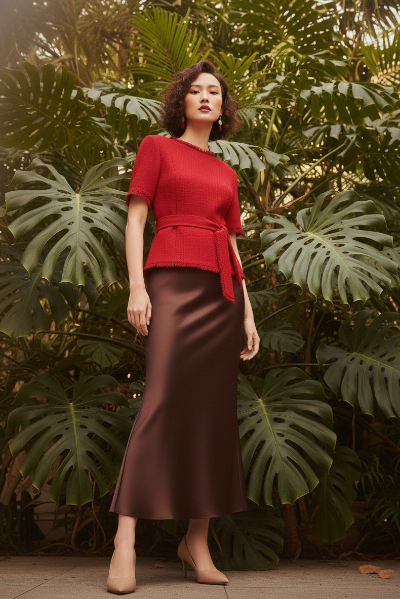 Áo thắt eo peplum tweed đỏ thời trang Hity