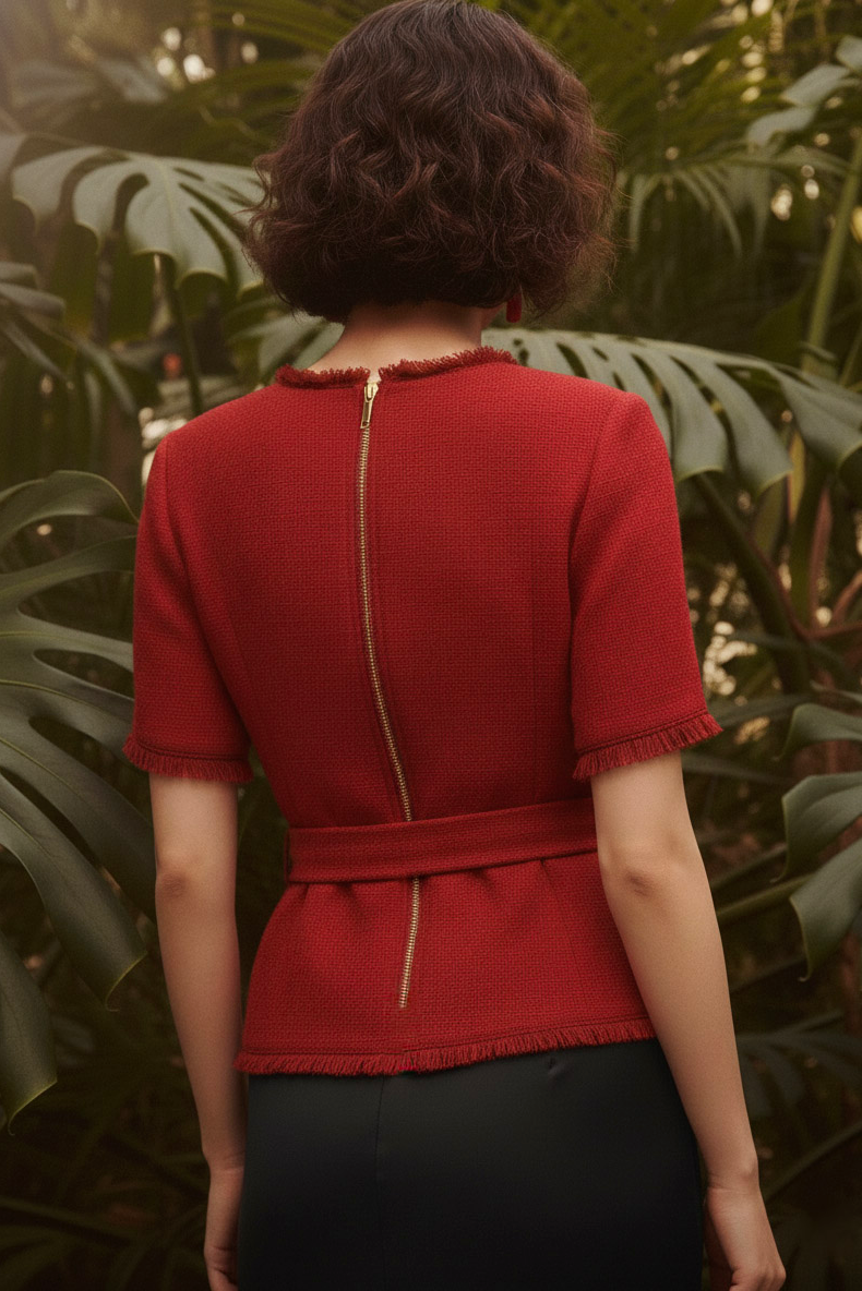 Áo thắt eo peplum tweed đỏ thời trang Hity