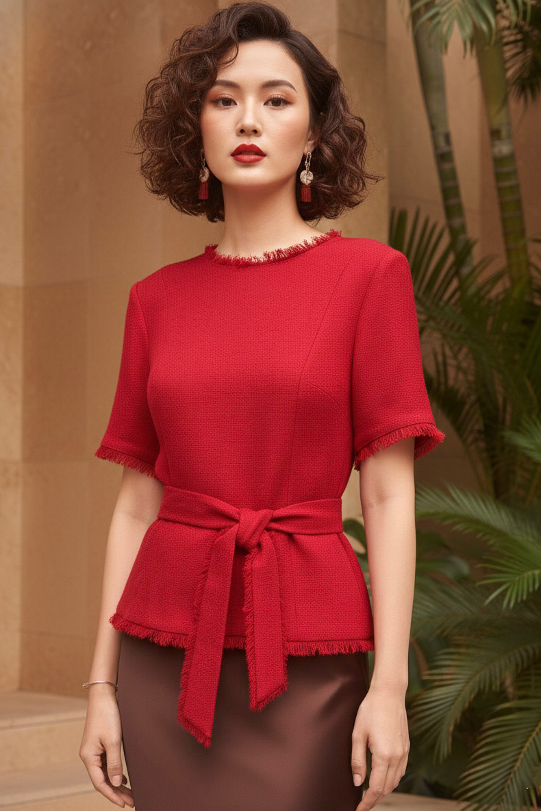 Áo thắt eo peplum tweed đỏ thời trang Hity