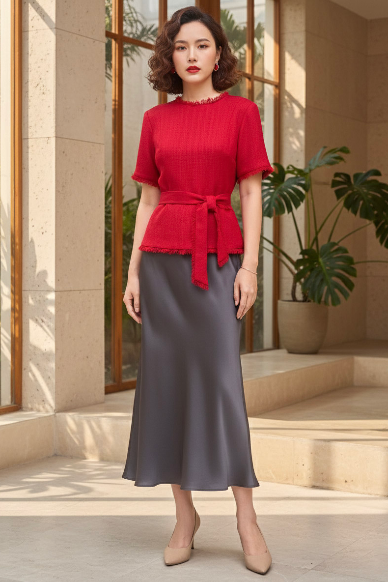 Áo thắt eo peplum tweed đỏ thời trang Hity