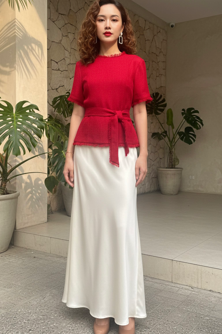 Áo thắt eo peplum tweed đỏ thời trang Hity