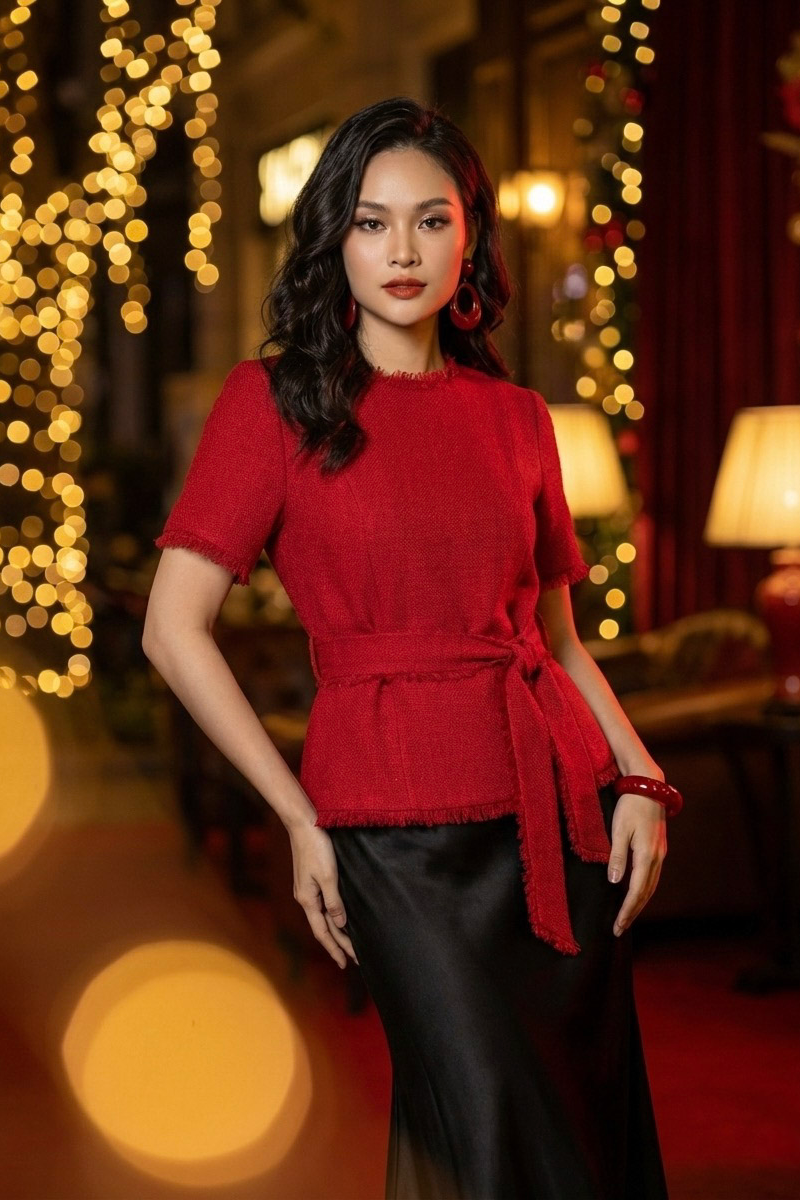 Áo thắt eo peplum tweed đỏ thời trang Hity