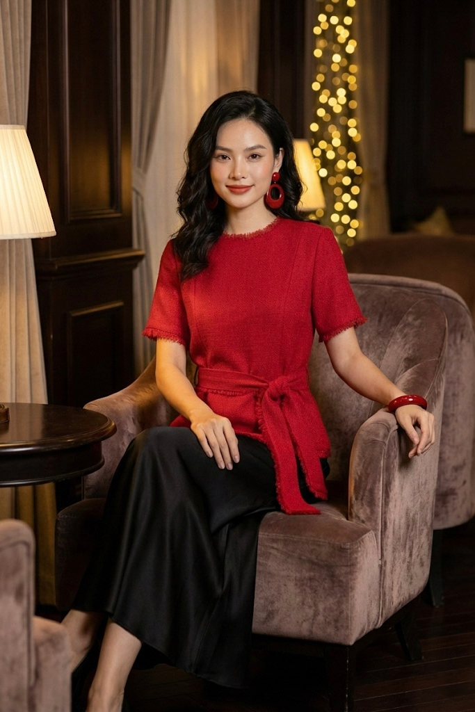 Áo thắt eo peplum tweed đỏ thời trang Hity