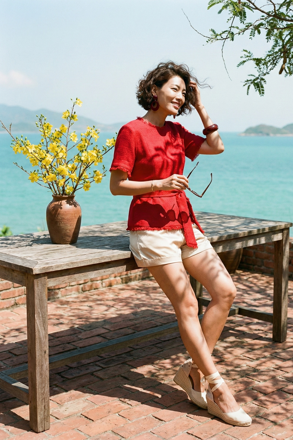 Áo thắt eo peplum tweed đỏ thời trang Hity