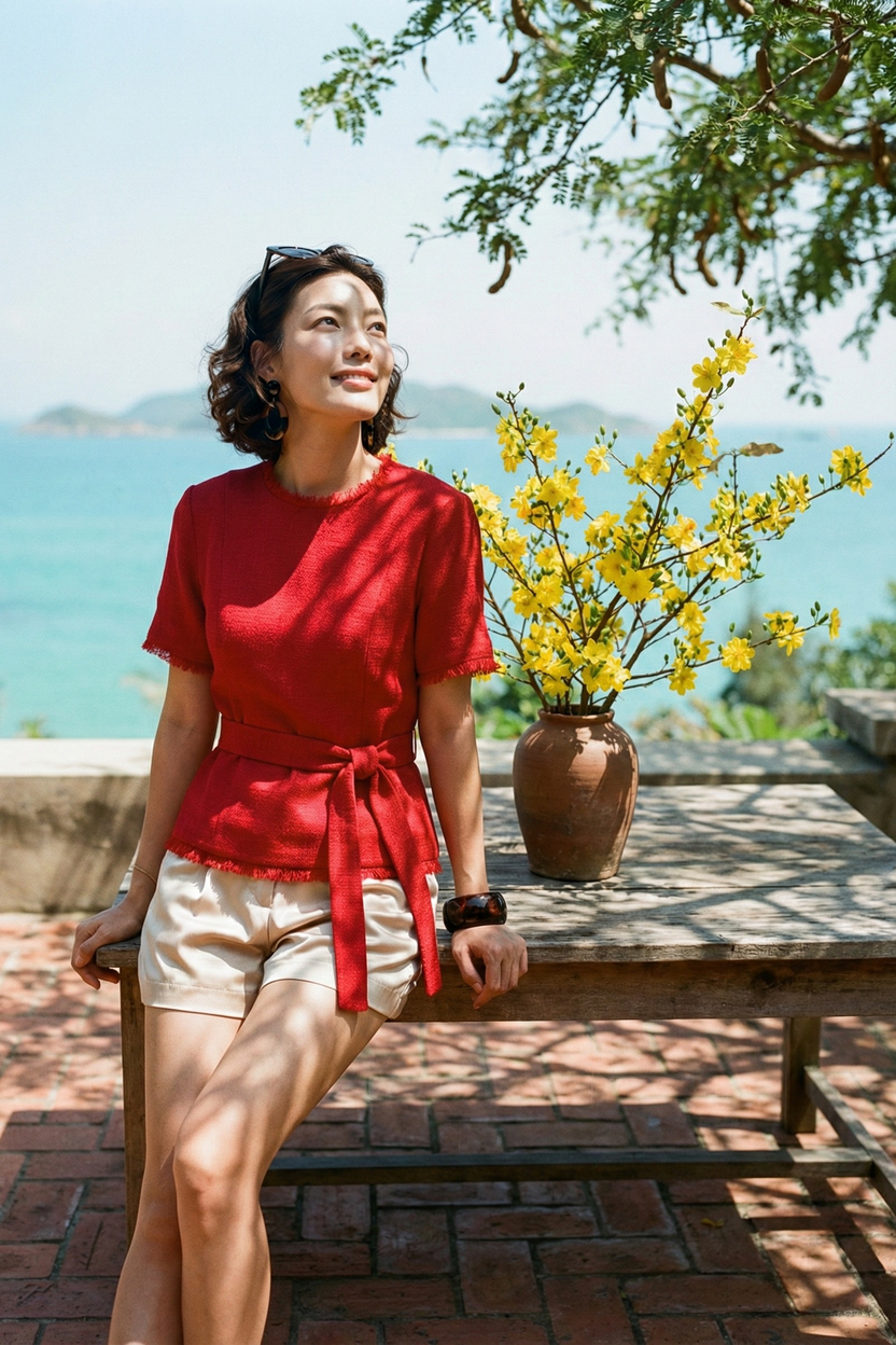 Áo thắt eo peplum tweed đỏ thời trang Hity