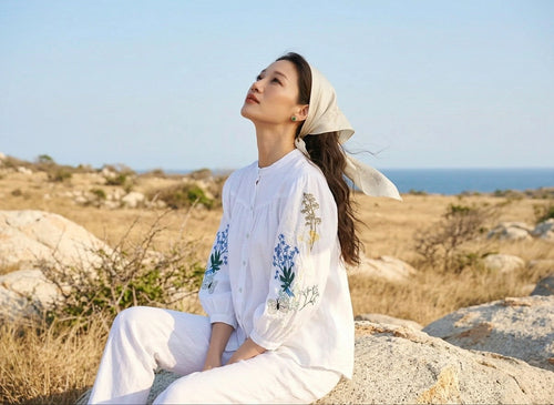 Áo sơ mi cổ trụ linen trắng thêu tay Mơ thời trang Hity