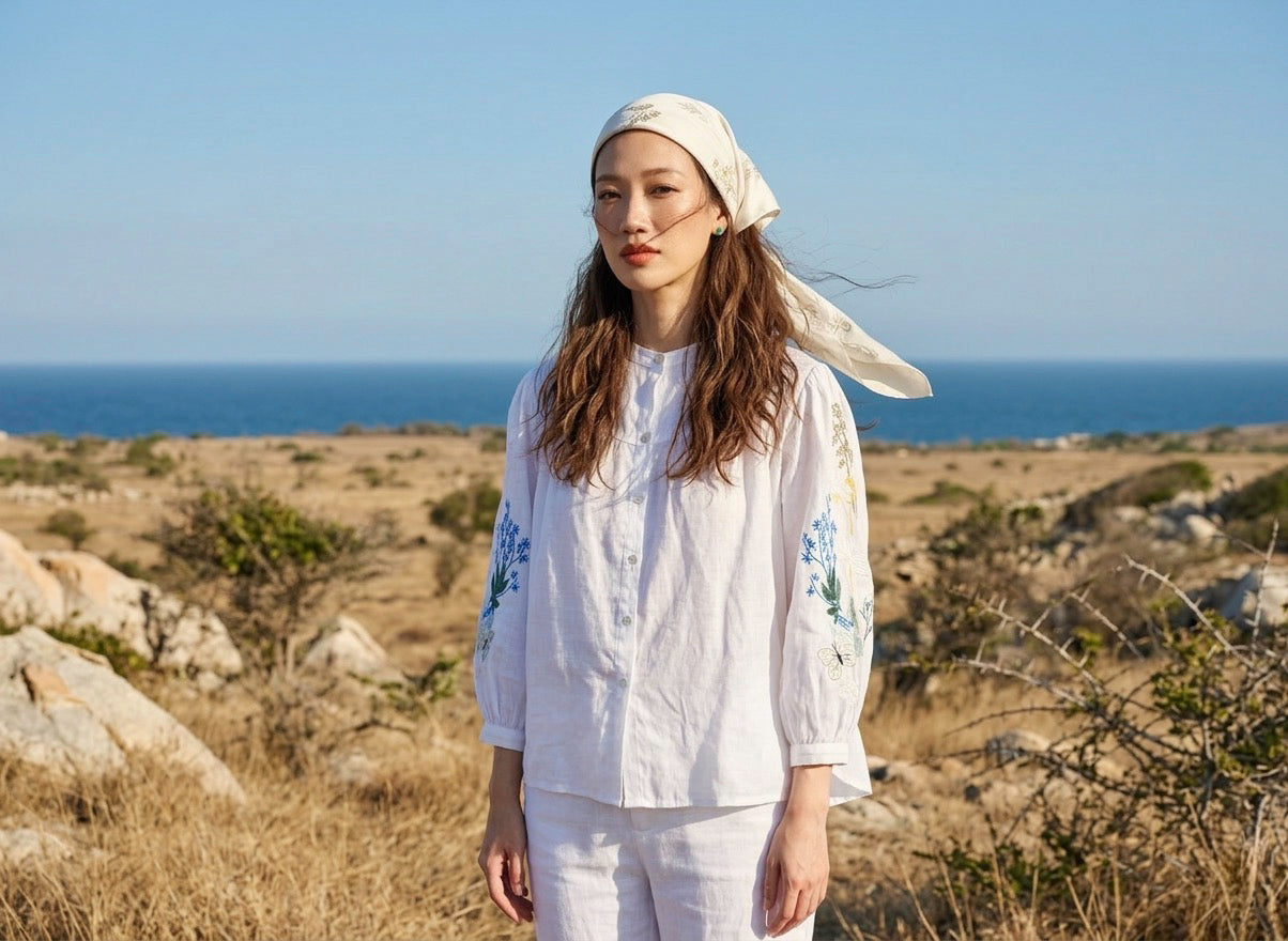 Áo linen thêu tay sơ mi cổ trụ thời trang Hity