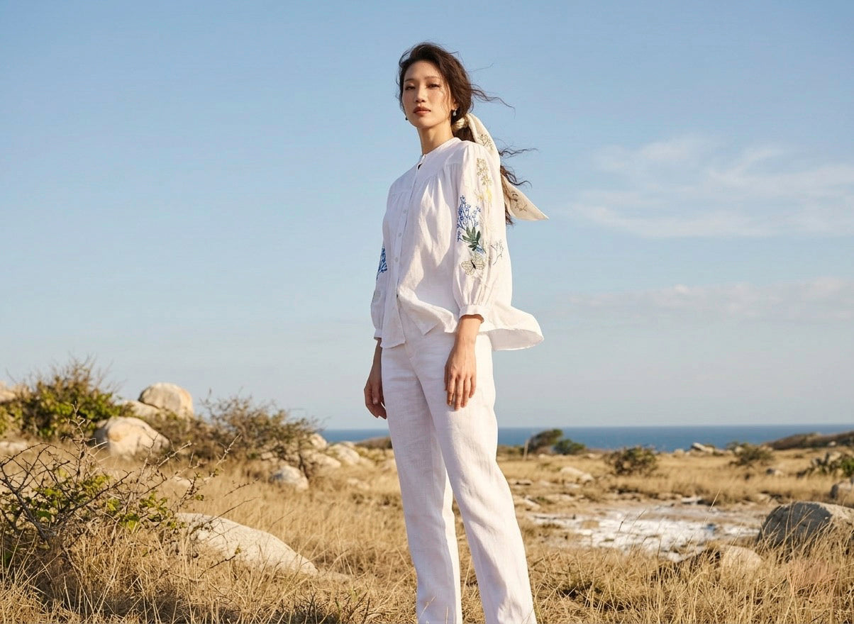 Áo linen thêu tay sơ mi cổ trụ thời trang Hity
