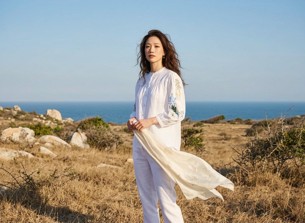 Áo linen thêu tay sơ mi cổ trụ thời trang Hity