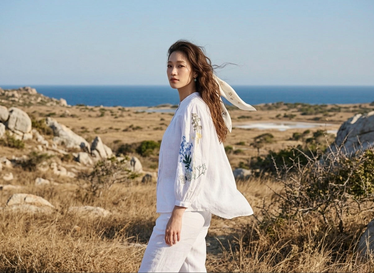 Áo linen thêu tay sơ mi cổ trụ thời trang Hity