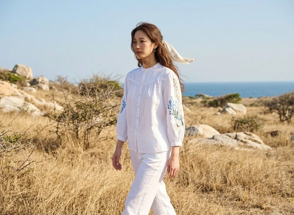 Áo linen thêu tay sơ mi cổ trụ thời trang Hity