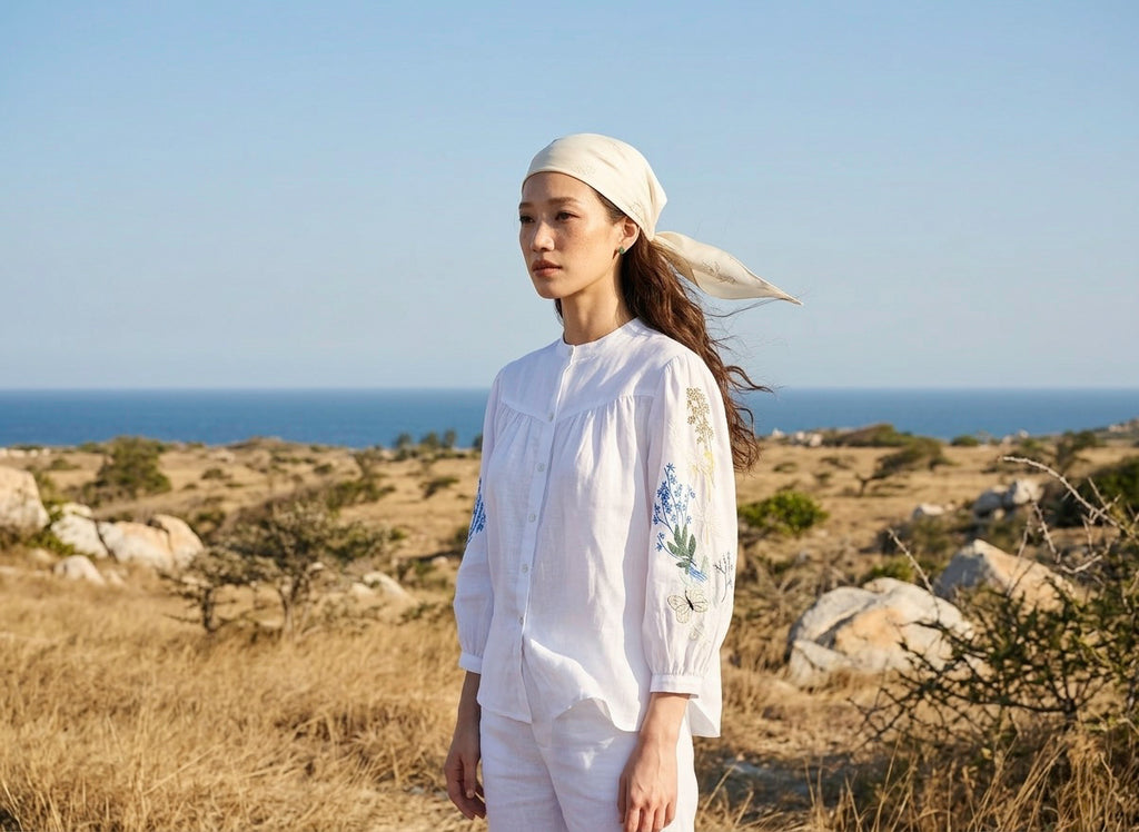 Áo linen thêu tay sơ mi cổ trụ thời trang Hity