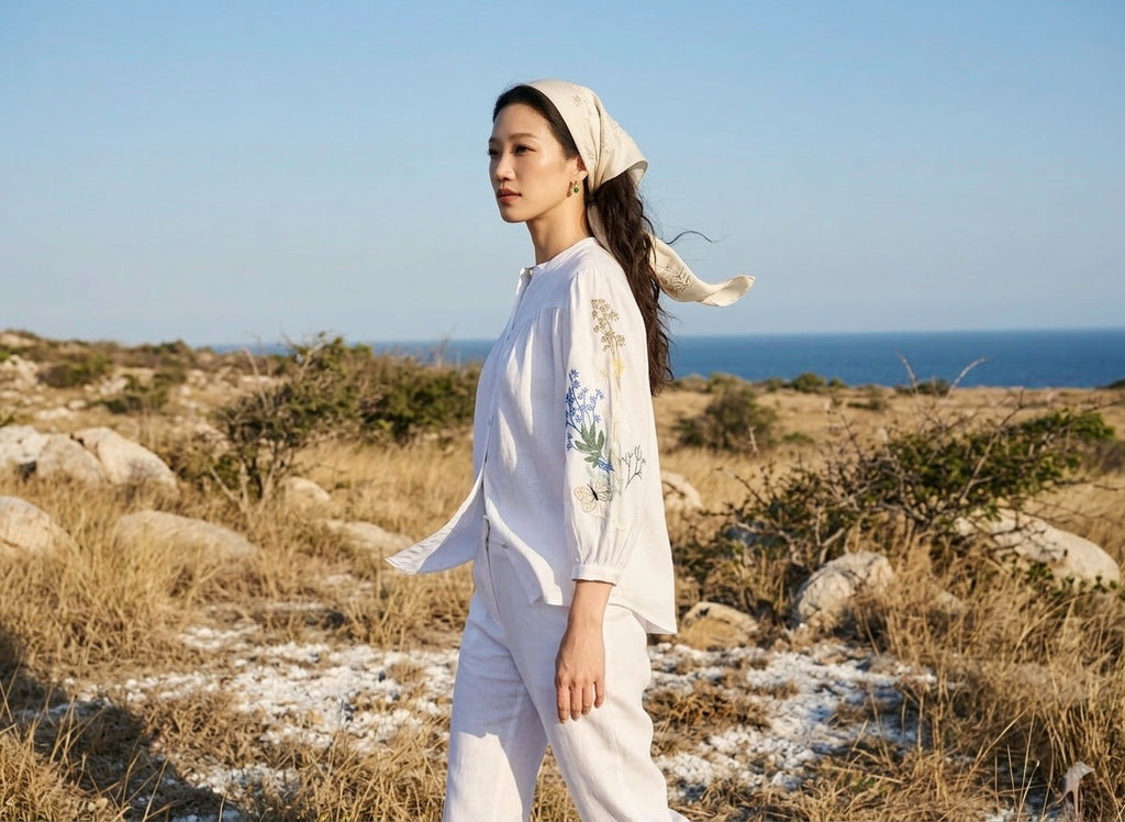 Áo linen thêu tay sơ mi cổ trụ thời trang Hity
