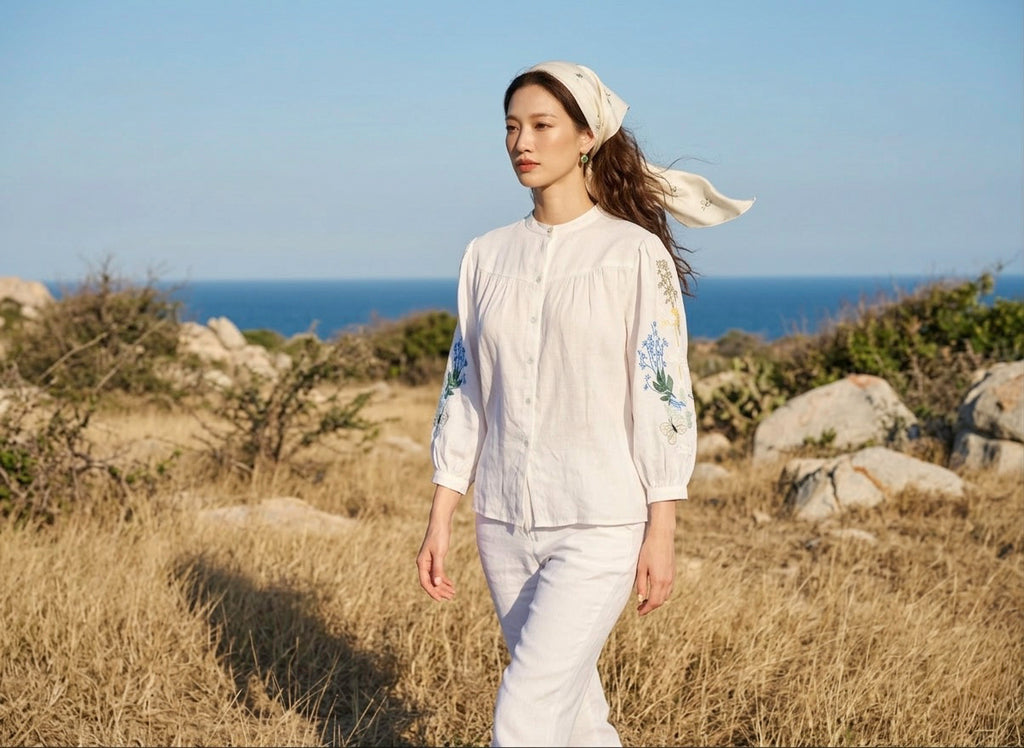Áo linen thêu tay sơ mi cổ trụ thời trang Hity
