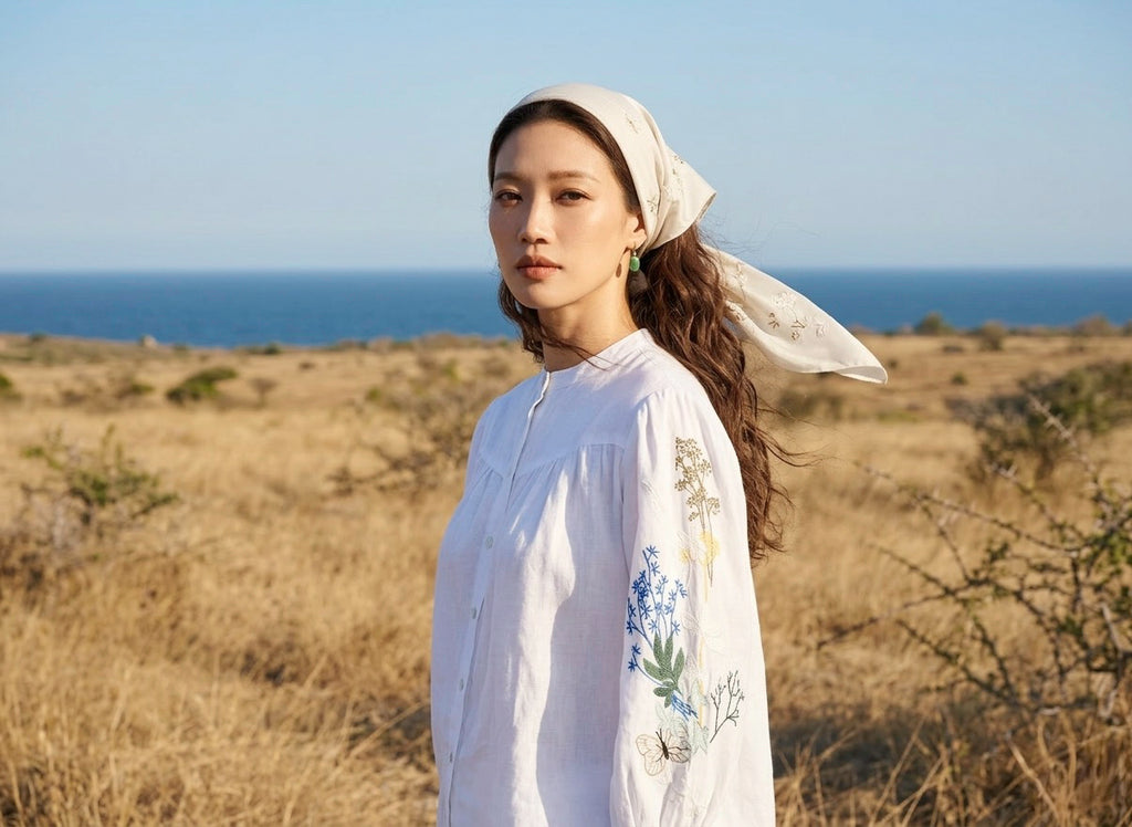 Áo linen thêu tay sơ mi cổ trụ thời trang Hity