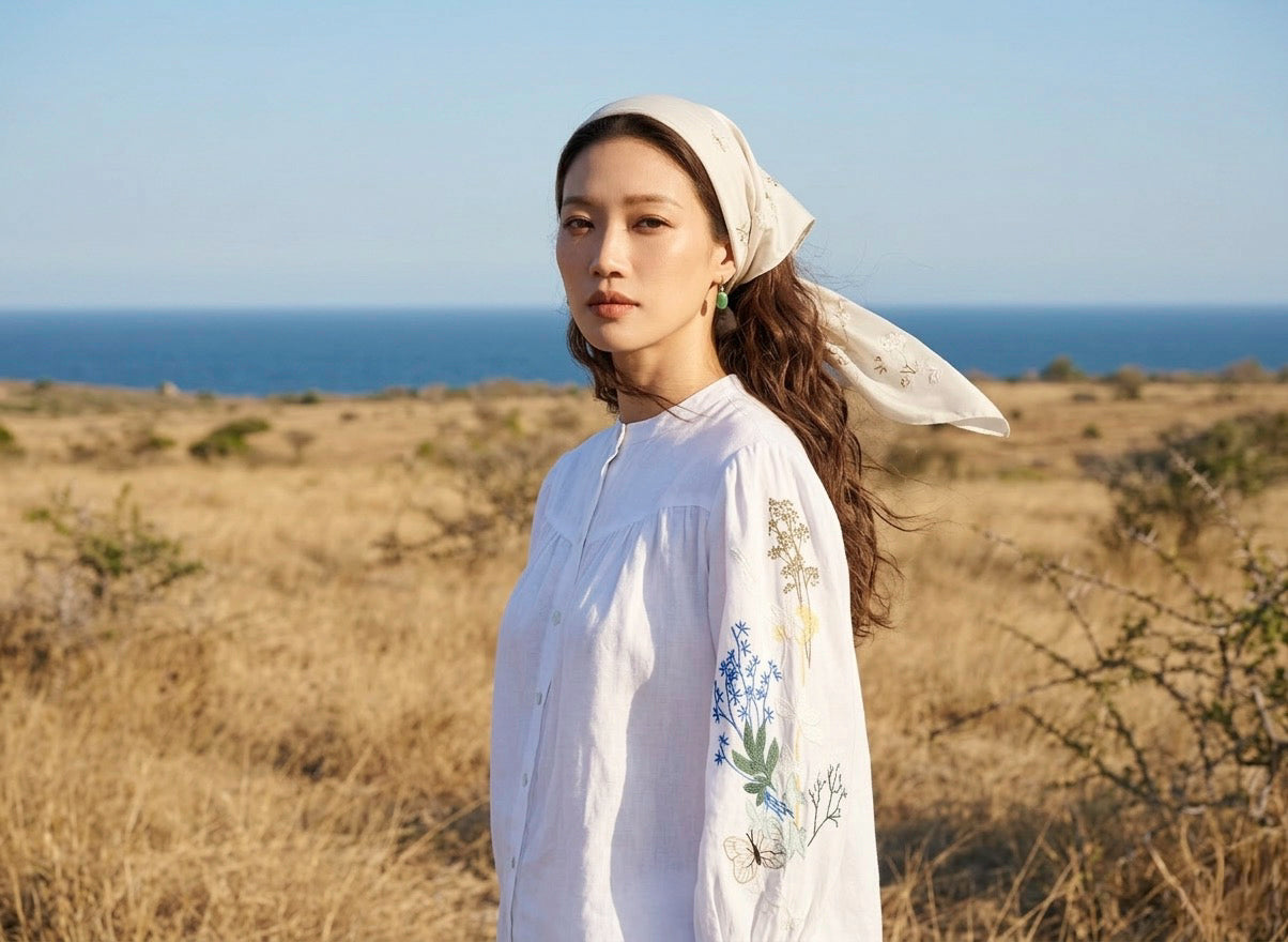 Áo linen thêu tay sơ mi cổ trụ thời trang Hity