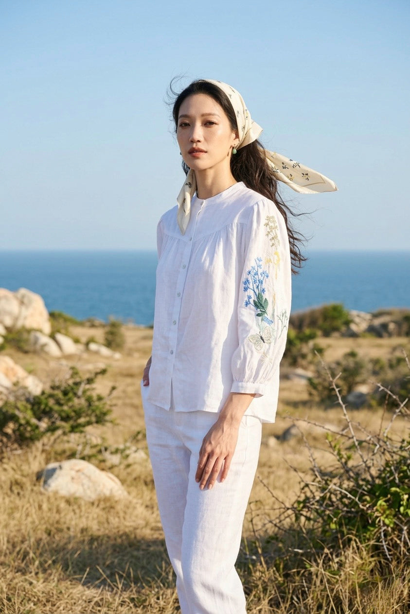 Áo linen thêu tay sơ mi cổ trụ thời trang Hity