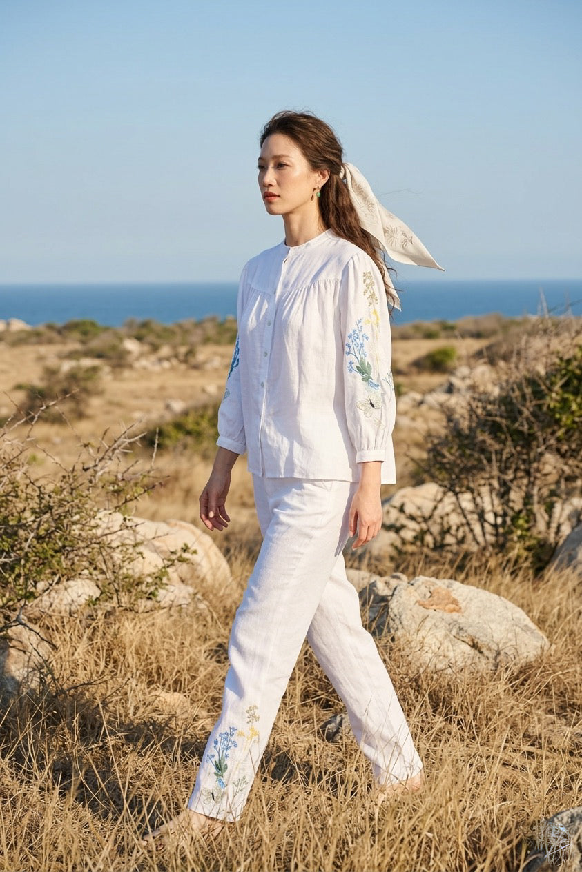 Áo linen thêu tay sơ mi cổ trụ thời trang Hity