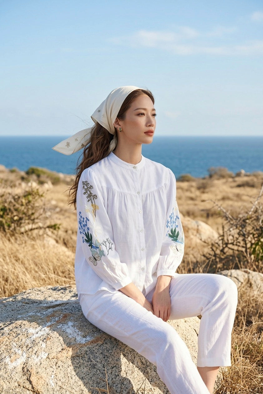 Áo linen thêu tay sơ mi cổ trụ thời trang Hity