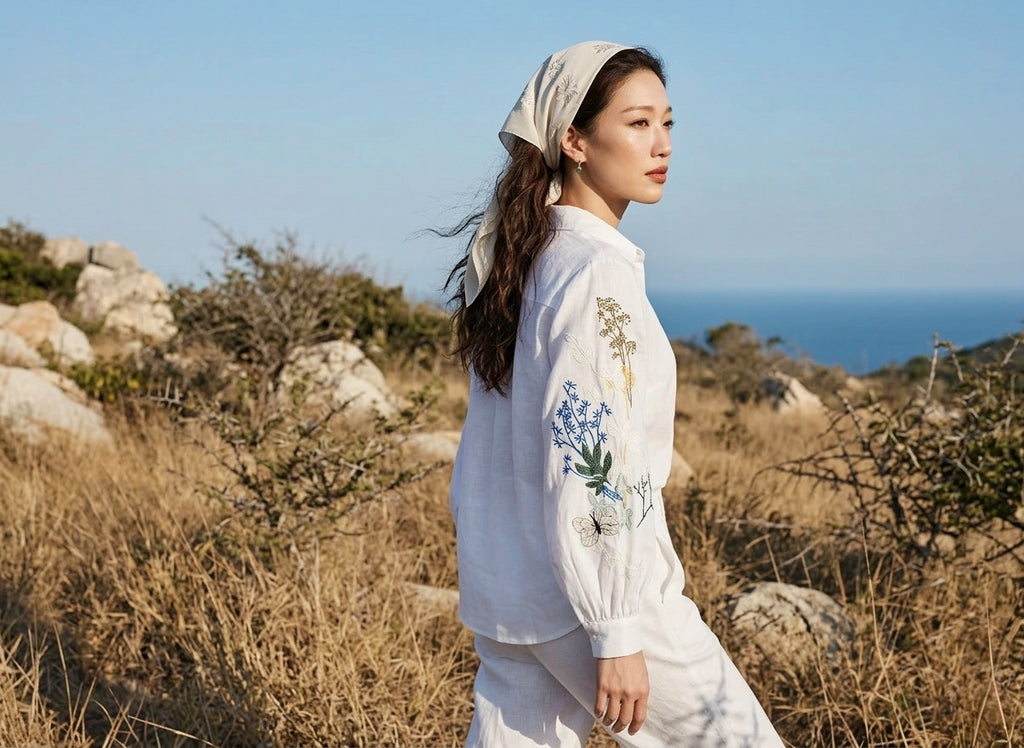 Áo linen thêu tay sơ mi cổ trụ thời trang Hity