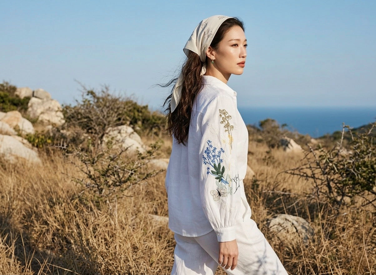 Áo linen thêu tay sơ mi cổ trụ thời trang Hity