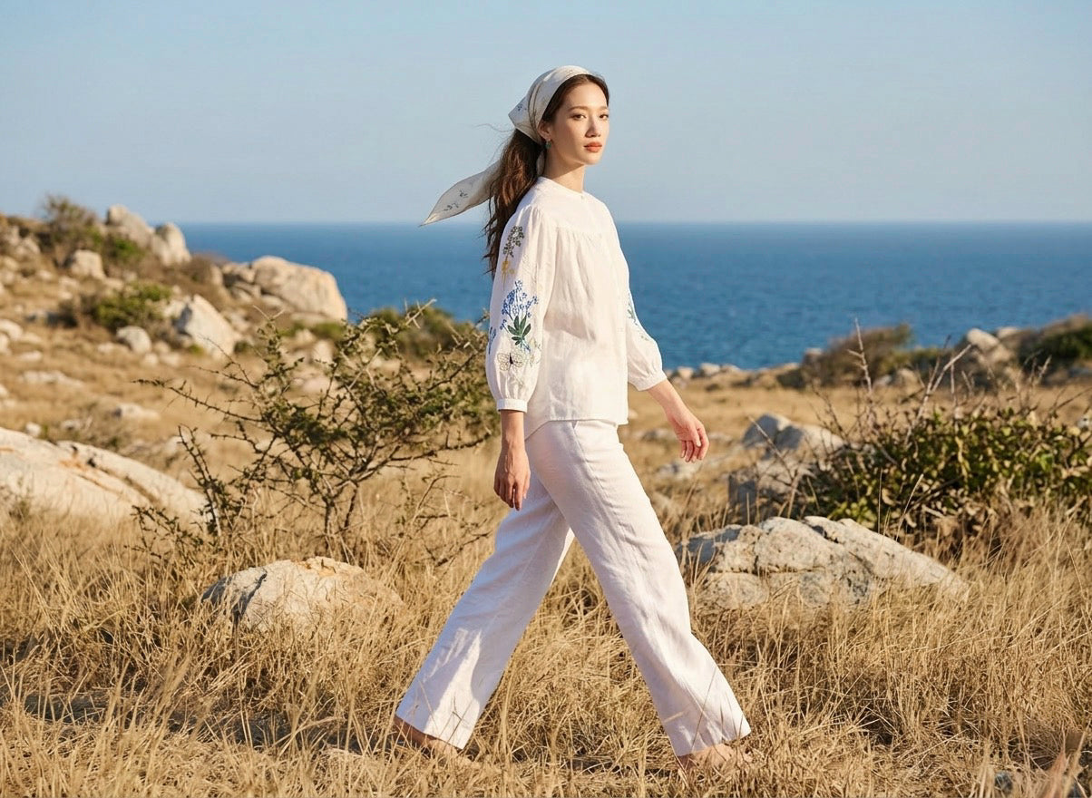 Áo linen thêu tay sơ mi cổ trụ thời trang Hity