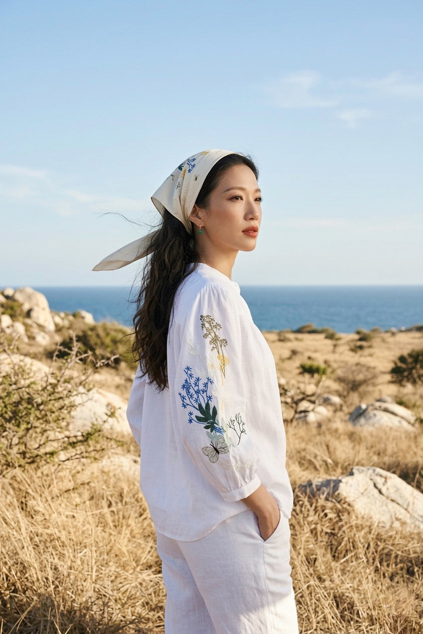 Áo linen thêu tay sơ mi cổ trụ thời trang Hity