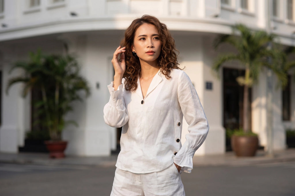 Áo sơ mi cổ ve linen trắng thời trang Hity