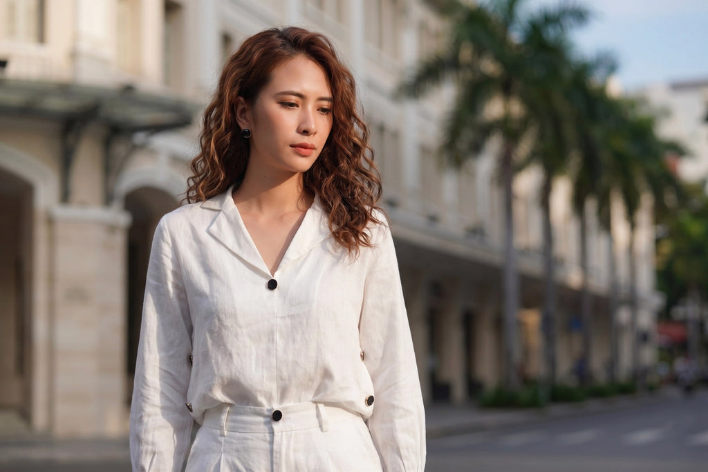 Áo sơ mi cổ ve linen trắng thời trang Hity