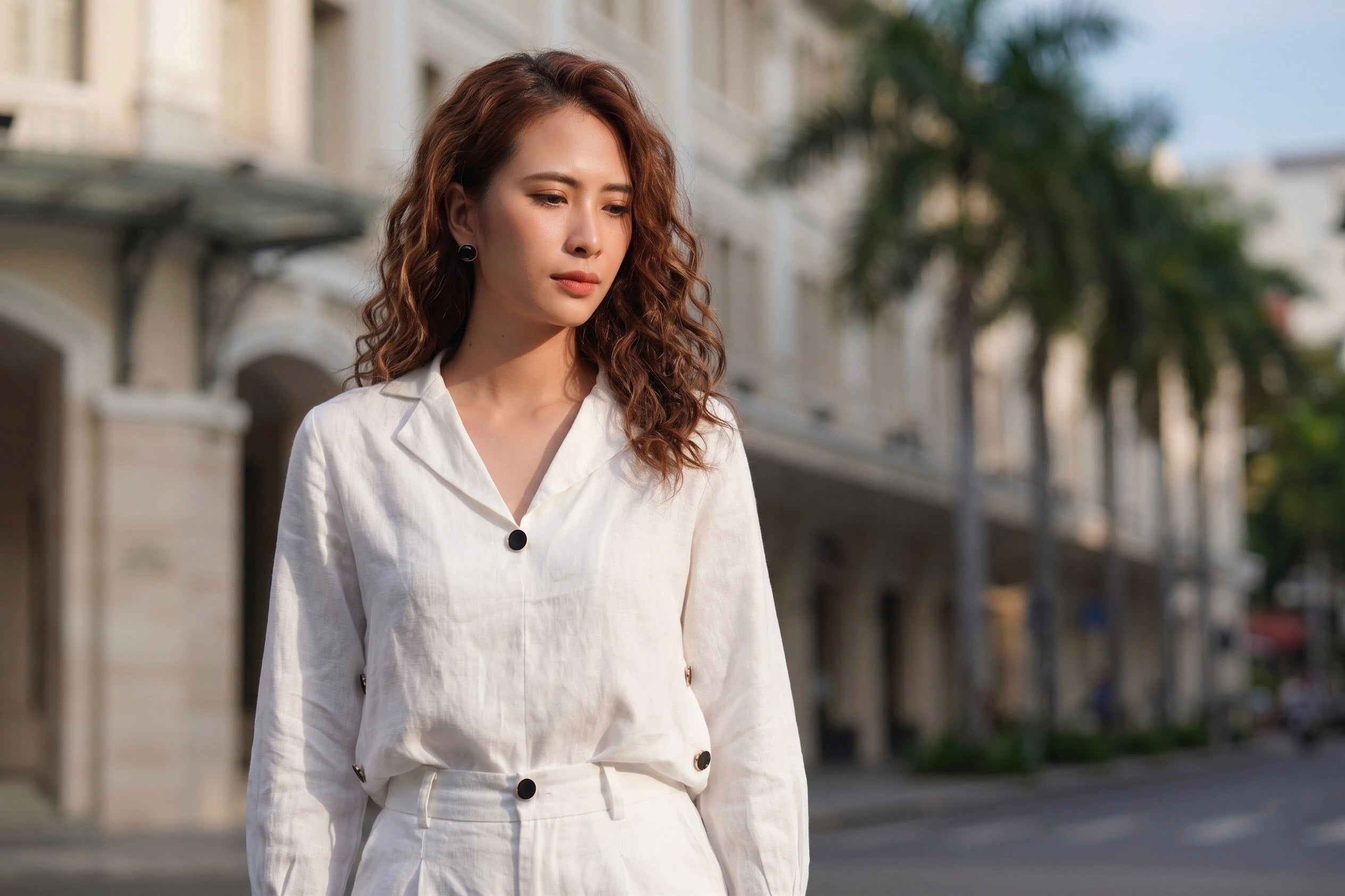 Áo sơ mi cổ ve linen trắng thời trang Hity